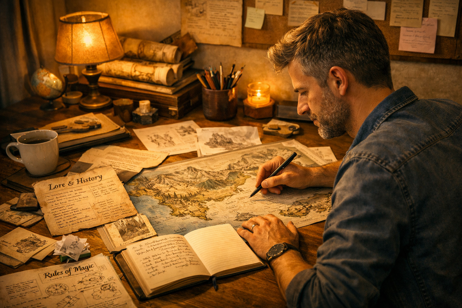 Auteur entouré de cartes, schémas, notes - Style exploration et tons dorés