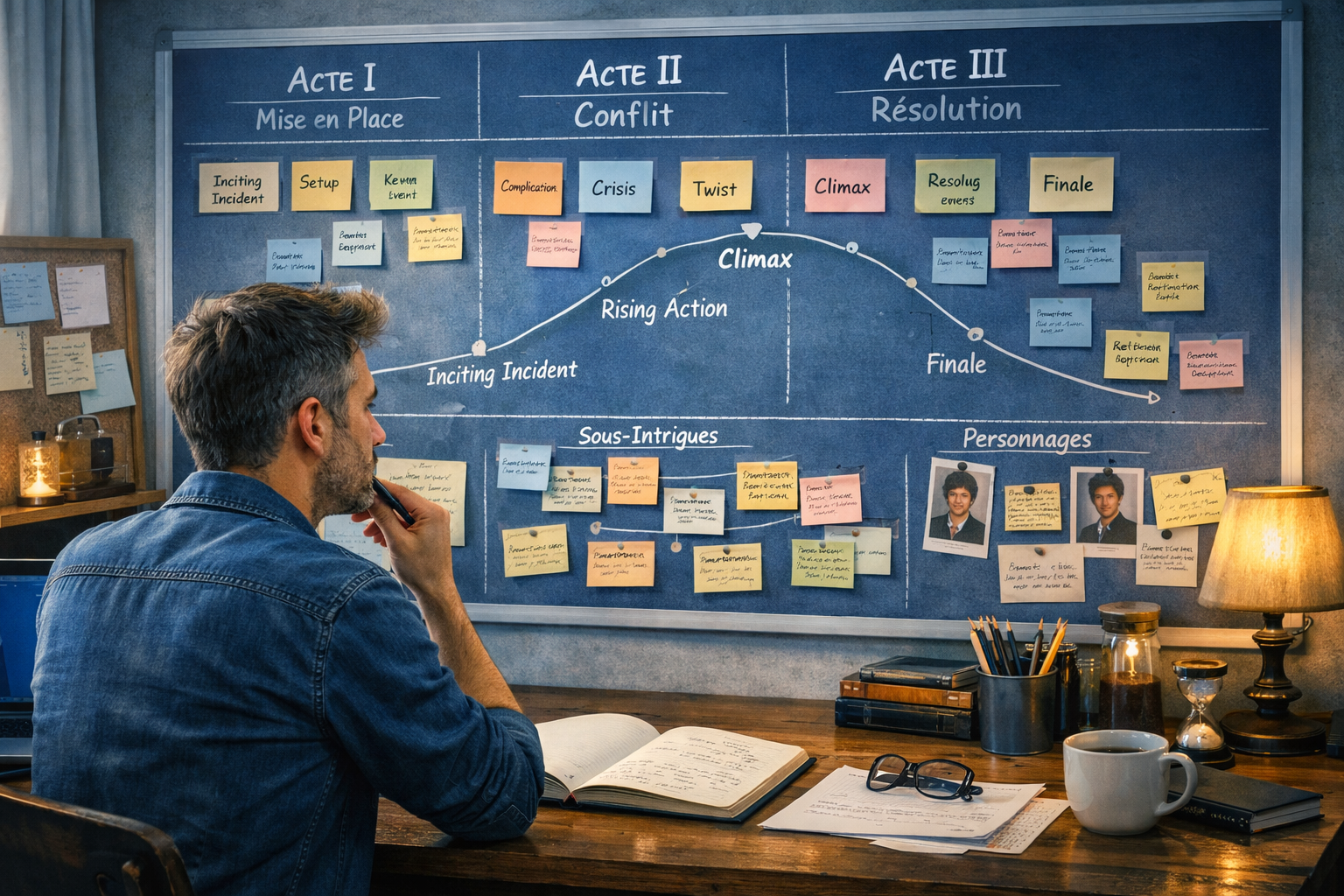 Tableau narratif avec post‑its et arcs dramatiques - Style professionnel clair