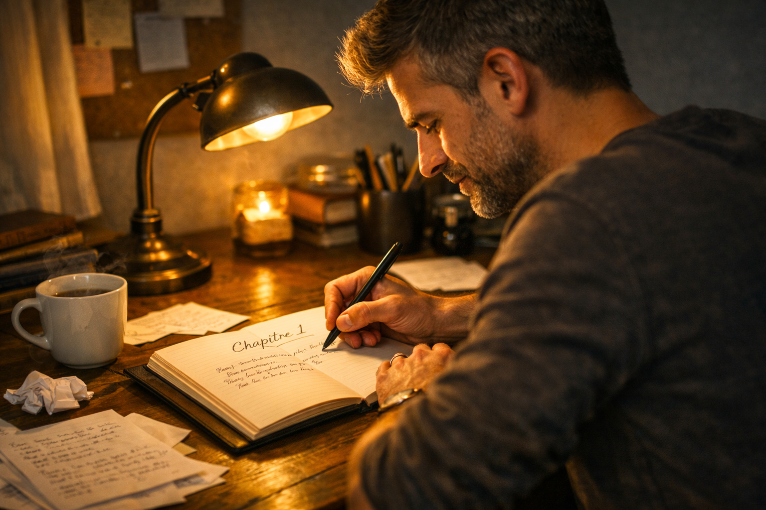 Auteur écrivant dans un carnet sous une lumière chaude - Atmosphère de concentration